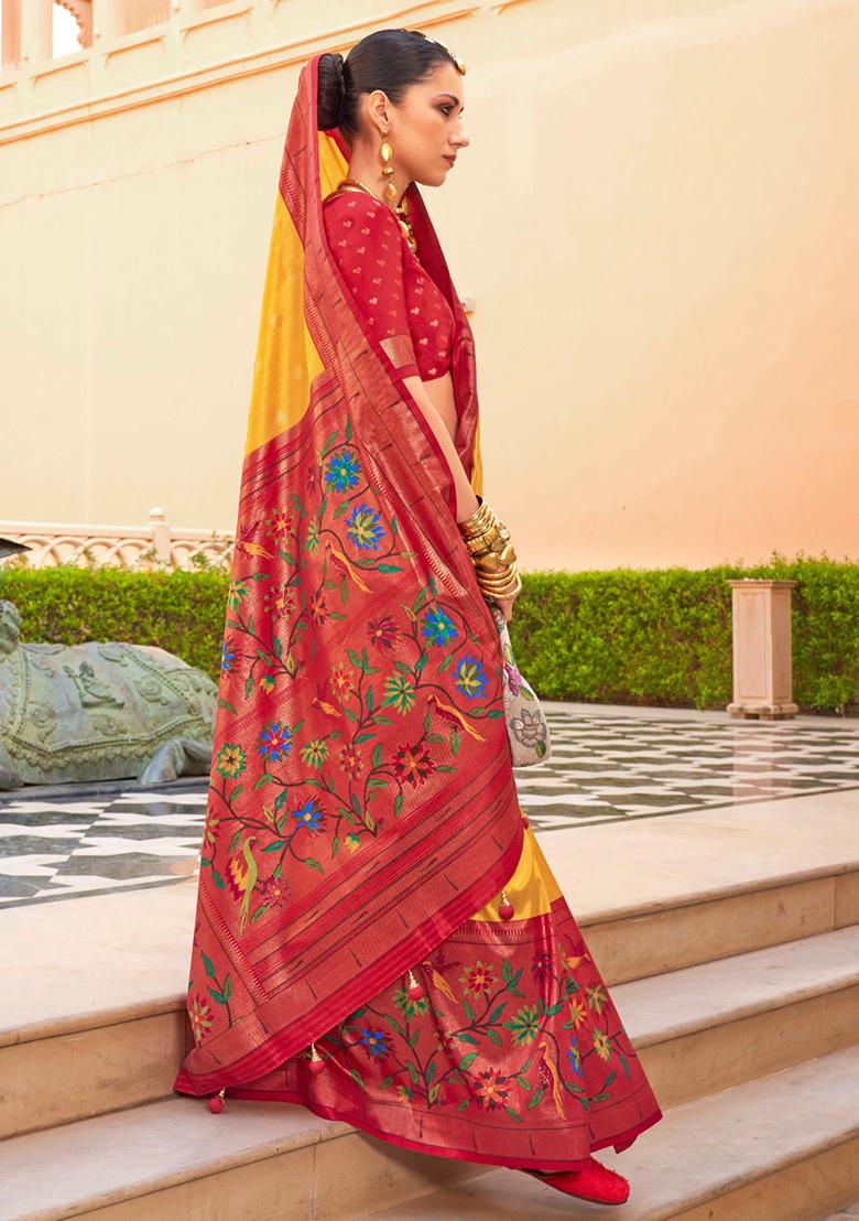 Yellow And Pink Zari Woven Silk Saree Set