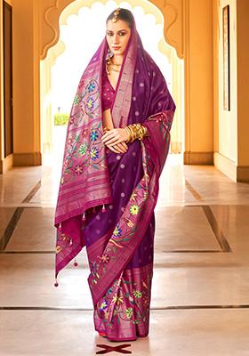 Purple And Pink Zari Woven Silk Saree Set