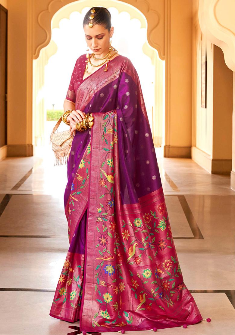 Purple And Pink Zari Woven Silk Saree Set