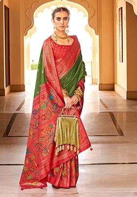 Green And Red Zari Woven Silk Saree Set