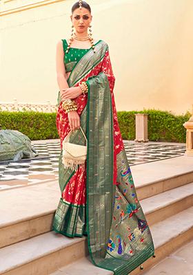 Red And Green Zari Woven Silk Saree Set