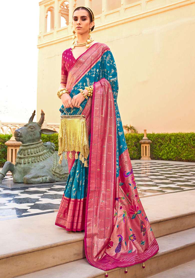 Sky Blue And Pink Zari Woven Silk Saree Set - Indya