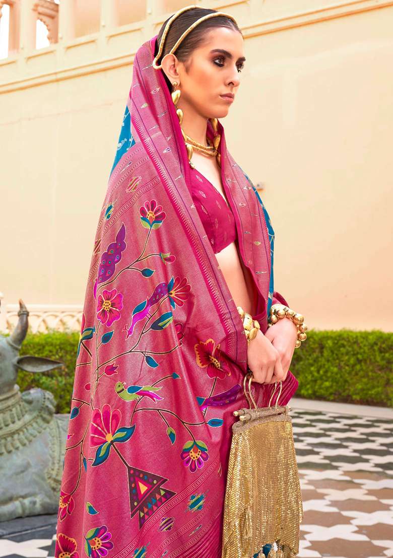 Sky Blue And Pink Zari Woven Silk Saree Set - Indya