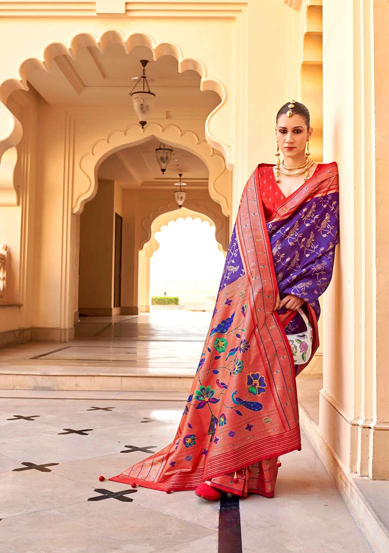 Pink And Navy Blue Zari Woven Silk Saree Set - Indya