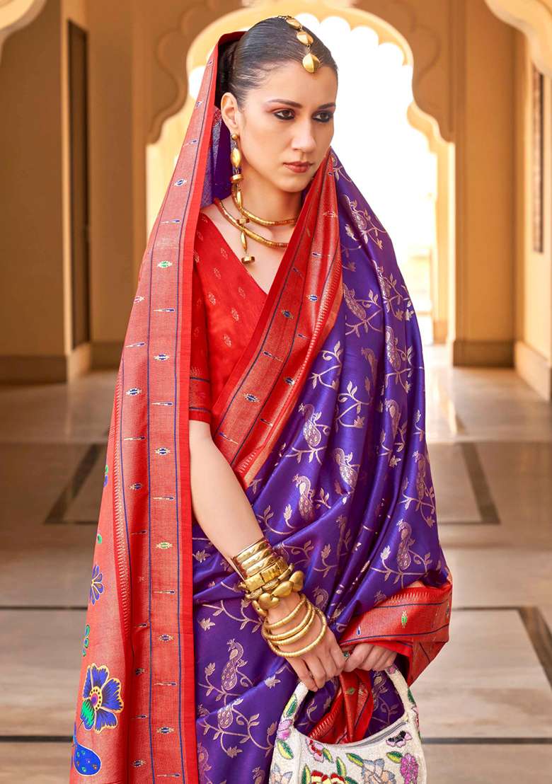 Pink And Navy Blue Zari Woven Silk Saree Set - Indya