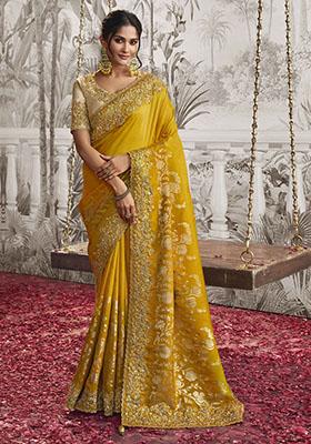 Yellow Embroidered Dola Viscose Silk Saree Set