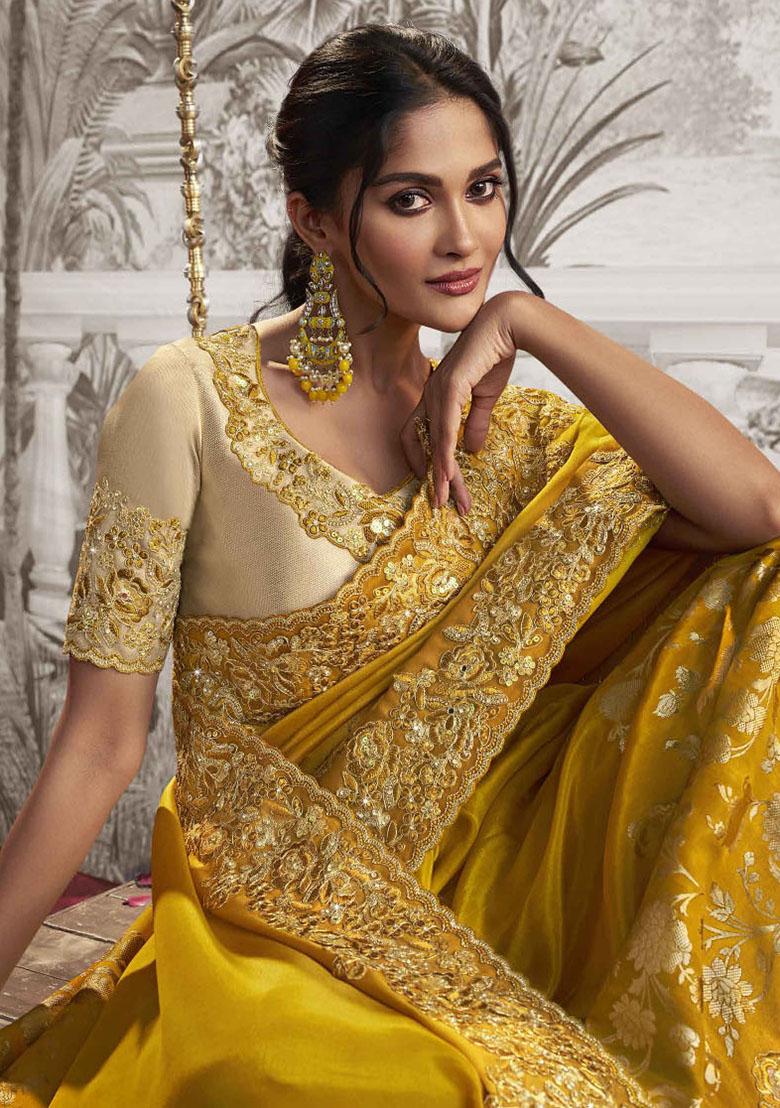Yellow Embroidered Dola Viscose Silk Saree Set