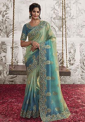 Sky Blue And Green Embroidered Dola Viscose Silk Saree Set