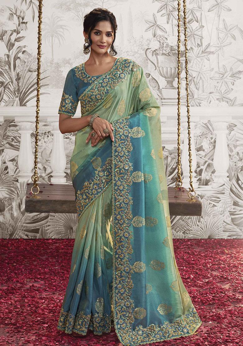 Sky Blue And Green Embroidered Dola Viscose Silk Saree Set