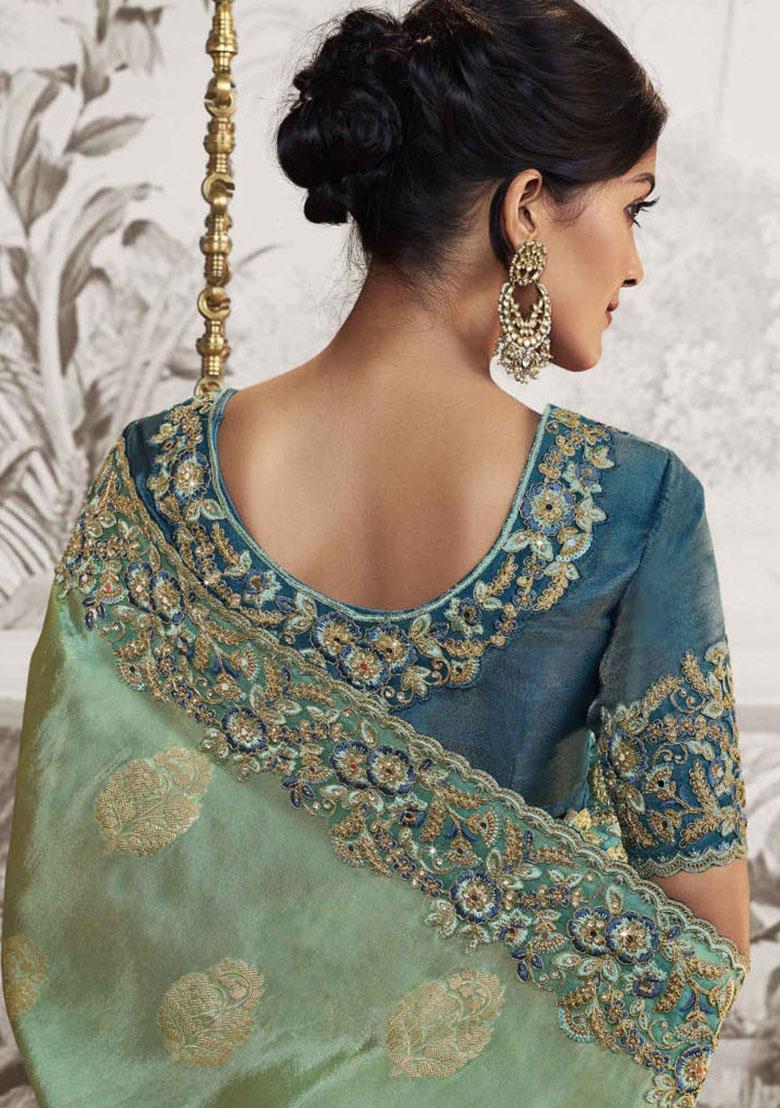 Sky Blue And Green Embroidered Dola Viscose Silk Saree Set