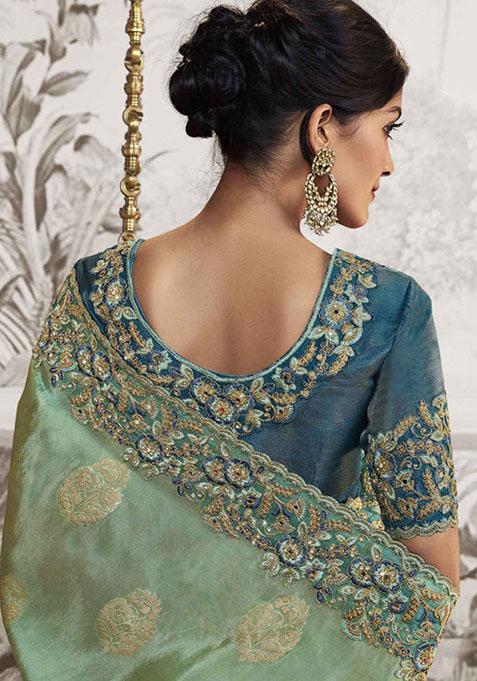 Sky Blue And Green Embroidered Dola Viscose Silk Saree Set