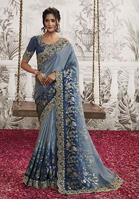Royal Blue Embroidered Dola Viscose Silk Saree Set