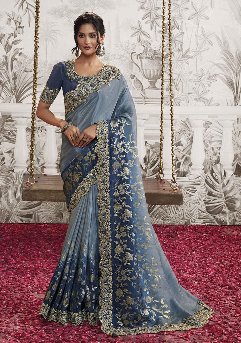 Royal Blue Embroidered Dola Viscose Silk Saree Set