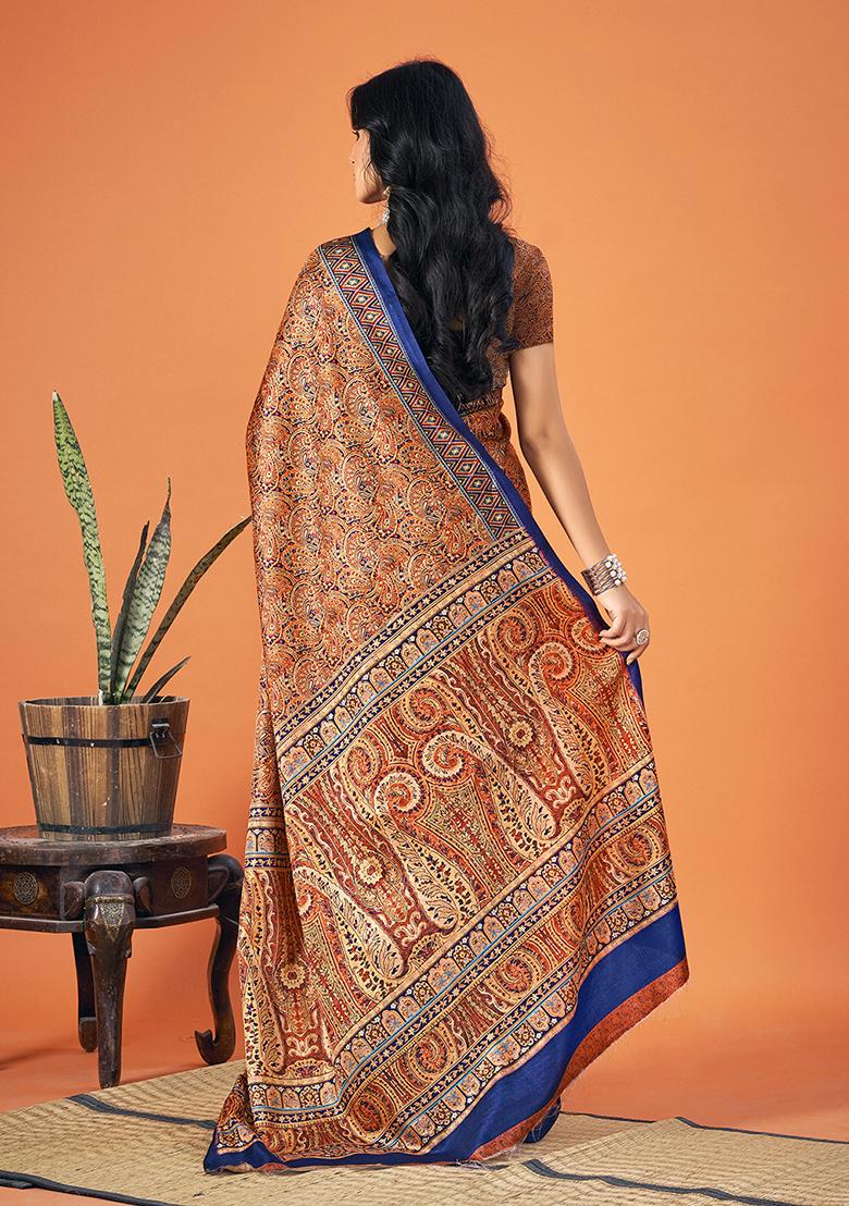 Multicolor Printed Pashmina Silk Saree Set