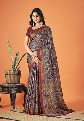 Multicolor Printed Pashmina Silk Saree Set