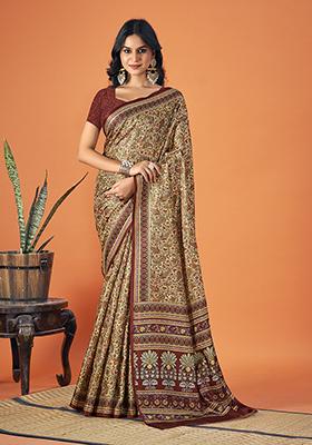 Multicolor Printed Pashmina Silk Saree Set