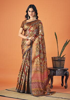 Multicolor Printed Pashmina Silk Saree Set