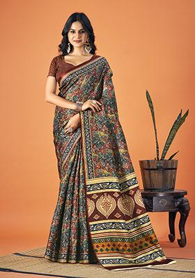 Multicolor Printed Pashmina Silk Saree Set