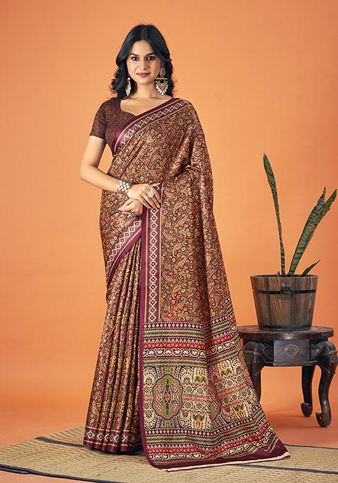 Multicolor Printed Pashmina Silk Saree Set