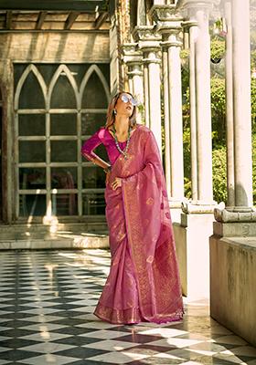 Dusty Pink Woven Tissue Silk Saree Set