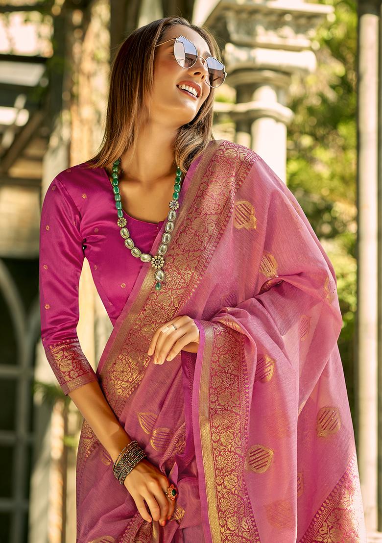 Dusty Pink Woven Tissue Silk Saree Set