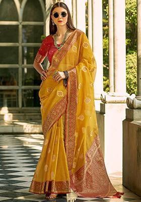 Yellow Woven Tissue Silk Saree Set