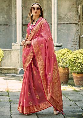 Peach Woven Tissue Silk Saree Set