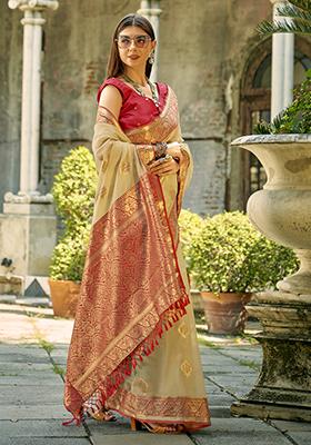 Cream Woven Tissue Silk Saree Set