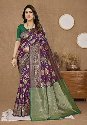 Purple Zari Woven Banarasi Silk Saree Set