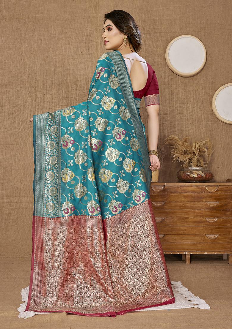 Blue Zari Woven Banarasi Silk Saree Set