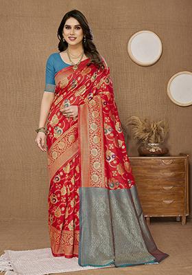 Red Zari Woven Banarasi Silk Saree Set