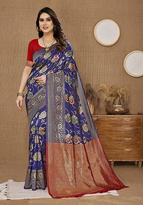 Navy Blue Zari Woven Banarasi Silk Saree Set