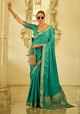 Sea Green Zari Woven Satin Silk Saree Set