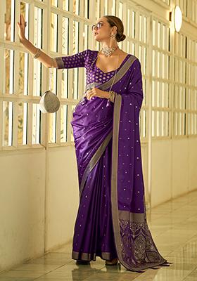 Purple Zari Woven Satin Silk Saree Set