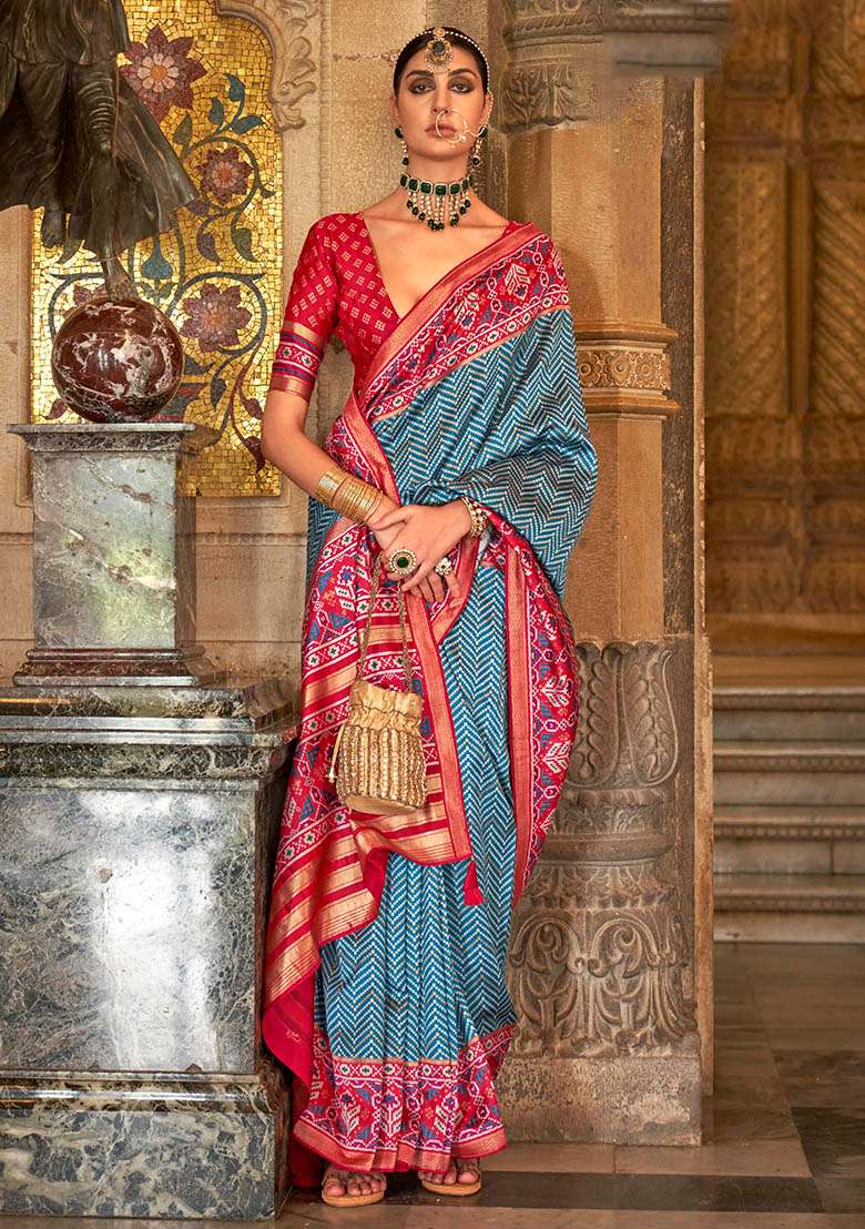 Sky Blue Woven Banarasi Silk Saree Set - Indya