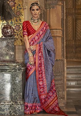 Navy Blue Woven Banarasi Silk Saree Set