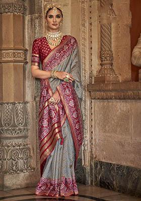 Grey Woven Banarasi Silk Saree Set