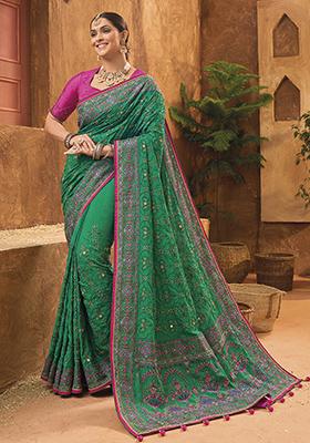 Green Zari Woven Banarasi Silk Saree Set