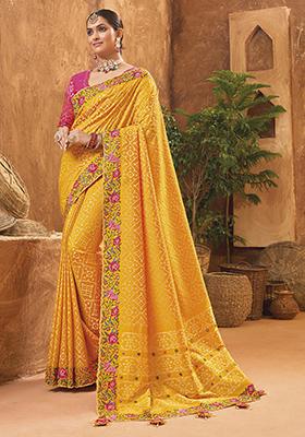 Mustard Zari Woven Banarasi Silk Saree Set