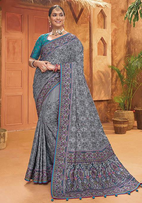 Grey Zari Woven Banarasi Silk Saree Set