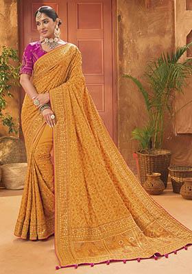 Mustard Zari Woven Banarasi Silk Saree Set