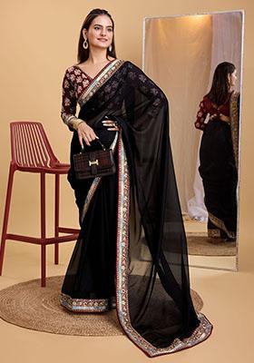 Black Embroidered Organza Saree Set