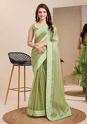 Pista Green Embroidered Jimmy Choo Silk Saree Set