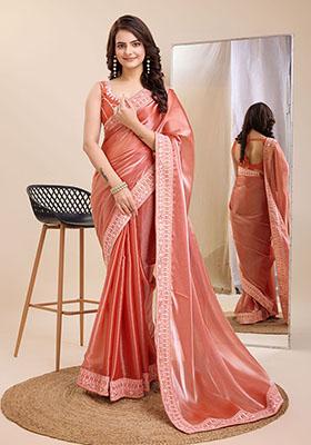 Salmon Pink Embroidered Jimmy Choo Silk Saree Set