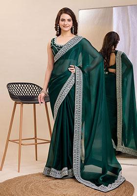 Teal Embroidered Jimmy Choo Silk Saree Set