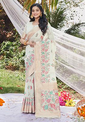 White Zari Woven Cotton Saree Set
