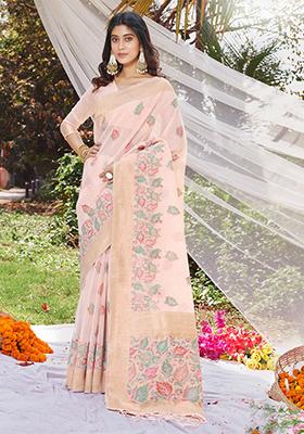 Light Pink Zari Woven Cotton Saree Set