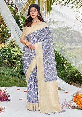 Blue Zari Woven Cotton Saree Set