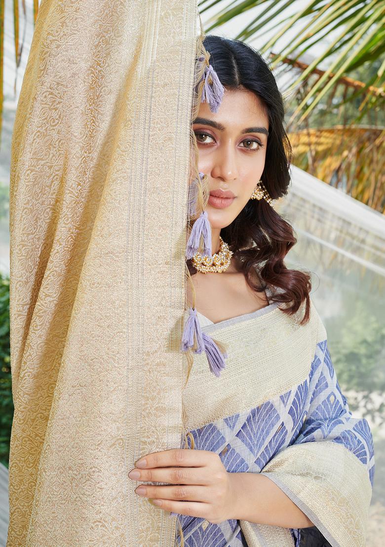 Blue Zari Woven Cotton Saree Set