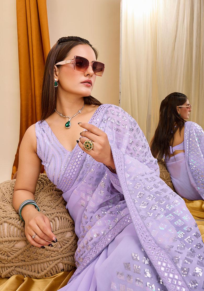 Violet Sequin Embroidered Georgette Saree Set